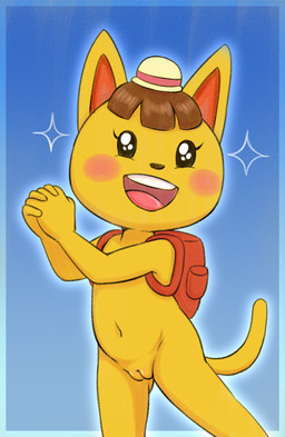 anthro backpack blue_background blush brown_hair clasped_hands clothing female female_anthro fur genitals gradient_background hair hat hat_only headgear headgear_only headwear headwear_only loli mostly_nude simple_background solo sparkles sparkling_eyes vulva yellow_body yellow_fur young young_anthro young_female heshieokf animal_crossing nintendo katie_(animal_crossing) domestic_cat felid feline felis mammal digital_drawing_(artwork) digital_media_(artwork) hi_res