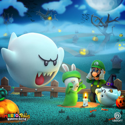 ambiguous_gender anthro big_nose black_clothing black_eyebrows black_eyes black_facial_hair black_hat black_headwear black_mustache black_wings blue_clothing blue_eyes blue_overalls blue_sky brown_hair button_(fastener) candy candy_bucket cemetery clothed clothed_anthro clothed_human clothed_male clothing cloud dessert eyebrows facial_hair featureless_arms fence feral fire flying fog food fully_clothed fully_clothed_human fully_clothed_male fur furrowed_brow gloves grass green_clothing green_hat green_headwear green_shirt green_topwear group hair hands_on_own_face handwear hat hat_only headgear headgear_only headwear headwear_only hillside holding_candy holding_food holding_lollipop holding_object holidays jack-o'-lantern larger_ambiguous larger_human larger_male legless light logo lollipop long_ears male male_anthro male_human mitten_hands moon mostly_nude mustache night noseless open_mouth open_smile outside overalls plant raised_arms red_tongue sharp_teeth shirt size_difference sky smaller_ambiguous smaller_anthro smaller_male smile smiling_at_another spider_web standing tail tan_body tan_eyelids tan_inner_ear tan_skin teeth text title tombstone tongue topwear tree white_body white_clothing white_fur white_gloves white_handwear white_tail wings wizard_hat worried_look jean-baptiste_raimbault halloween mario_bros mario_plus_rabbids_kingdom_battle nintendo raving_rabbids rayman_(series) ubisoft luigi rabbid_luigi boo_(mario) human lagomorph mammal rabbid 1:1 2021 3d_(artwork) absurd_res adobe_photoshop_(artwork) autodesk_3ds_max_(artwork) autodesk_maya_(artwork) colored crossover digital_media_(artwork) english_description english_text hi_res lighting official_art shaded