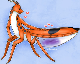 4_legs ambiguous_gender ambiguous_prey antennae_(anatomy) anthro anthro_pred arthropod_abdomen black_body blue_background duo endosoma exoskeleton eyes_closed female female_pred fully_inside gradient_background healing_vore heart_symbol hearts_around_body inside_stomach larger_pred oral_vore orange_body orange_exoskeleton outline rubbing safe_vore simple_background size_difference smile text translucent translucent_body vore white_body white_outline willing_prey hollowallow arthropod insect insectoid_dragon artist_name