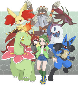 ambiguous_gender antennae_(anatomy) anthro bottomwear brown_eyes claws clothing fangs female feral fire footwear fur green_body green_hair group hair holding_object horn inner_ear_fluff looking_at_viewer multicolored_body open_mouth pattern_background paws pokeball red_body red_eyes red_fur shoes shorts simple_background socks spikes spikes_(anatomy) stick tail teeth tongue tuft white_body white_fur yellow_body yellow_eyes yellow_fur ylit nintendo pokemon pokemon_legends_z-a absol barbaracle canid canine delphox dragalge generation_2_pokemon generation_3_pokemon generation_4_pokemon generation_6_pokemon human lucario mammal meganium pokemon_(species) 2025
