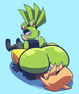 anthro big_butt bottomwear bottomwear_down butt clenched_teeth clothed clothing duo ear_piercing facesitting female female/female huge_butt looking_at_another looking_back looking_down pants pants_down partially_clothed piercing sharp_teeth sitting_on_another smile smirk tail teeth text wide_eyed mythabyss idw_publishing sega sonic_the_hedgehog_(comics) sonic_the_hedgehog_(idw) sonic_the_hedgehog_(series) surge_the_tenrec whisper_the_wolf afrosoricid canid canine canis mammal tenrec wolf 2023 absurd_res artist_name hi_res