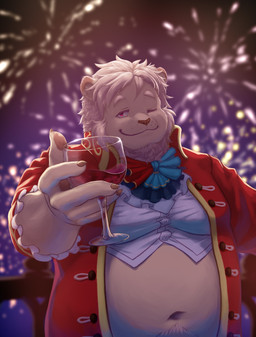 alcohol anthro belly beverage black_nose blonde_hair clothed clothing container cup drinking_glass fireworks fur glass glass_container glass_cup hair holding_glass holding_object jacket kemono looking_at_viewer male mane moobs navel night one_eye_closed open_clothing open_jacket open_topwear outside overweight overweight_male red_eyes smile solo tan_body tan_fur topwear wine wine_glass wink guadr the_great_gatsby xxl_woofia leo_von_narcis felid lion mammal pantherine 2025 absurd_res hi_res