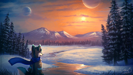 anthro blue_body blue_eyes blue_fur blue_scarf creek detailed_background fur glistening glistening_eyes grey_body grey_fur head_tuft male mouth_closed neutral_expression orange_sky outside planet plant scarf sky solo sunset three-quarter_view tree tuft mylafox canid canine canis mammal wolf 16:9 2017 dated signature widescreen