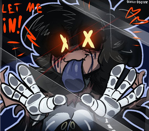 4_hands :3 against_surface bare_shoulders black_background black_body black_hair black_sclera blood blood_from_eye bodily_fluids bow_ribbon breaking_the_fourth_wall brown_body brown_skin clothing corpse cute_fangs disguise earless exclamation_point fangs female flirting flirting_with_viewer freckled_face freckled_shoulders freckles glowing glowing_eyes grey_body grey_tongue hair hands_against_glass heart_symbol hearts_around_head lens_flare licking licking_glass licking_screen looking_at_viewer machine metal metallic_body multi_hand nightmare_fuel noseless oil on_glass on_screen owo red_text scar scars_all_over screen screen_face seam_(sewing) segmented_body simple_background skinsuit solo stitch_(sewing) surgical_suture talking_to_viewer teeth text threatening tight_clothing tongue unusual_anatomy white_body x_eyes yellow_eyes diddlydooter1 glitch_productions murder_drones cyn_(murder_drones) tessa_(murder_drones) eldritch_abomination human humanoid mammal patchwork_creature robot robot_humanoid undead worker_drone zombie artist_name digital_drawing_(artwork) digital_media_(artwork) signature