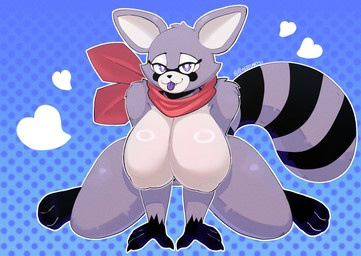 all_fours anthro bedroom big_breasts biped blep blue_background breasts claws countershade_torso countershading crossgender crouching curvy_figure dotted_background facial_markings female front_view fur gloves_(marking) grey_body grey_fur head_markings heart_symbol hourglass_figure huge_breasts kerchief kerchief_only leaning leaning_forward leg_markings looking_at_viewer markings mask_(marking) mostly_nude mtf_crossgender neckerchief neckerchief_only neckwear nipple_outline one_fang outline pattern_background pose purple_eyes purple_tongue raccoon_tail ring_(marking) ringed_tail simple_background smile socks_(marking) solo spread_legs spreading striped_markings striped_tail stripes tail tail_markings thick_tail thick_thighs tongue tongue_out white_outline wide_hips perezstart53 indigo_park rambley_raccoon mammal procyonid raccoon 2025 digital_drawing_(artwork) digital_media_(artwork) full-length_portrait hi_res pinup portrait signature