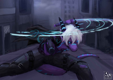 anthro blue_markings bottomwear broken_window building clothing gun hair handgun horn katana male markings melee_weapon pants pistol purple_body ranged_weapon solo sword tail weapon white_hair wounded ru.wildbush mythology grydir_dacanoor_(griffonki) dragon mythological_creature mythological_scalie scalie absurd_res hi_res