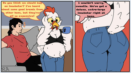 2_panel_comic anthro beak big_butt bottomwear bra breasts butt cellphone cleavage clothed clothing denim denim_bottomwear denim_clothing dialogue duo eggnant electronics emanata eyewear feathers female furgonomic_bottomwear furgonomics glasses humor jeans looking_at_another male midriff navel non-mammal_breasts non-mammal_navel outie_navel pants phone pregnant pregnant_anthro pregnant_female smartphone tail tail_feathers text underwear wearing_glasses white_body white_feathers yellow_sclera reckfulabandon henny_(reckfulabandon) avian bird chicken galliform human mammal phasianid 16:9 comic english_text hi_res widescreen