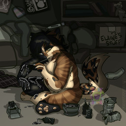 annoyed anthro bedroom black_hair breasts detailed_background dyed_fur dyed_tail female floor fur hair hair_dye inside looking_at_viewer messy_room mottled nude piebald sitting sitting_on_ground solo tail text biological.pet conditional_dnp calico_cat domestic_cat felid feline felis mammal tabby_cat 1:1 2026 absurd_res artist_name colored dated digital_drawing_(artwork) digital_media_(artwork) hi_res signature watermark trans_(lore) trans_woman_(lore)