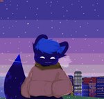 ambience anthro atmospheric_perspective big_ears blue_body blue_eyes blue_hair breath building checkered checkered_fur city cityscape clothed clothing cold comfy dark_body dark_fur detailed_background detailed_fur fluffy fluffy_tail fog fur hair hand_in_pocket hands_in_both_pockets hoodie inner_ear_fluff light male minus_sign multicolored_body multicolored_fur outside paws pixelated pixels planet_rings plus_sign pockets purple_body purple_fur retro skyscraper smile smoke snow snowing solo steamy_breath striped_body striped_fur stripes tail topwear tuft pachiimochii tesseline_hygadeine animal_humanoid domestic_cat felid feline felis humanoid mammal absurd_res detailed digital_media_(artwork) hi_res pixel_(artwork) pyxel_edit_(artwork)