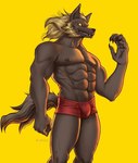 anthro athletic athletic_male black_sclera blonde_eyelashes blonde_facial_hair blonde_hair blonde_sideburns brown_body brown_fur bulge claws eyelashes facial_hair fangs fur hair male sideburns solo teeth yellow_eyes nliiz mythology shin_megami_tensei_v loup-garou_(megami_tensei) canid canine canis mammal mythological_canine mythological_creature werecanid werecanine werecreature werewolf wolf