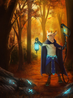 5_fingers anthro antlers autumn biped blue_nose chest_tuft clothed clothing day detailed_background fingers forest grass hair holding_object hooves horn lamp lantern male navel outside plant runes solo staff standing tree tuft white_hair yellow_eyes sythgara deer mammal 2014 3:4