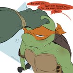 1:1 absurd_res ambiguous_gender anthro bodily_fluids dialogue dumbbell duo eyewear grumpy hand_on_head hi_res kerchief looking_at_viewer looking_up male male/ambiguous michelangelo_(tmnt) muscular muscular_anthro muscular_male mutantail petting raphael_(tmnt) reptile scalie size_difference size_play speech_bubble sweat teenage_mutant_ninja_turtles teenage_mutant_ninja_turtles_(2012) text turtle weights wristband