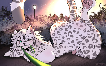 anthro ass_up bedroom_eyes big_breasts biped breasts butt erection fangs fur genitals grey_spots gynomorph hair half-closed_eyes huge_hips humanoid_genitalia humanoid_penis intersex inviting leash leashed_viewer lying markings narrowed_eyes on_front pawpads paws penis pink_pawpads raised_tail seductive small_waist smile smirk smug smug_face smug_grin solo spots spotted_body spotted_fur spotted_markings tail teeth white_body white_fur white_hair wide_hips dahlia_(artist) felid leopard mammal pantherine absurd_res hi_res