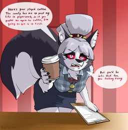 accessory angry anthro arm_tuft black_nose bottomwear bow_ribbon cheek_tuft chest_tuft clothed clothing copypasta cosplay crossover_cosplay ear_piercing ear_ring elbow_tuft eye_bags eyebrow_piercing eyebrow_through_hair eyebrows eyelashes eyeshadow facial_piercing facial_tuft female fingers fluffy fluffy_tail fur glowing glowing_eyes grey_body grey_fur grey_hair hair hair_accessory hair_bun holding_object humanoid_hands inner_ear_fluff leaning leaning_forward looking_at_viewer makeup nipple_outline nipple_piercing nipples notched_ear office office_clothing open_mouth pattern_clothing pattern_topwear piercing plaid plaid_clothing plaid_topwear profanity red_eyes ring_piercing skirt solo speech_bubble standing sweater tail teeth text topwear translucent translucent_hair tuft white_body white_fur half_dime animal_crossing bee_movie hellaverse helluva_boss mythology nintendo isabelle_(animal_crossing) loona_(helluva_boss) canid canid_demon canine canis demon domestic_dog hellhound husky mammal mythological_canine mythological_creature nordic_sled_dog spitz wolf 2026 absurd_res crossover digital_media_(artwork) english_text hi_res