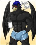 abs anthro beak beverage blue_hair bulge clothed clothing coffee container cup detailed_bulge dialogue erection erection_under_clothing feathered_wings feathers genital_outline hair male mostly_nude muscular muscular_male nipples penis_outline red_eyes sideways-pointing_bulge simple_background smile smirk solo speech_bubble text underwear wings vju79 jokann_gaviel_(vju79) avian bird koel absurd_res english_text hi_res