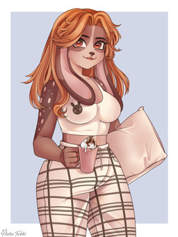 anthro beverage bottomwear brown_body brown_fur brown_nose clothing coffee coffee_cup coffee_mug container cup dessert female food fur hair ice_cream markings morning multicolored_body multicolored_fur pajama_bottoms pajama_pants pajama_shirt pajamas pattern_bottomwear pattern_clothing red_eyes red_hair solo striped_body striped_bottomwear striped_clothing striped_fur striped_markings stripes tuft evangelina_pinku hare lagomorph leporid mammal rabbit absurd_res hi_res