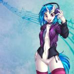 anthro anthrofied blue_hair bottomless bottomless_anthro bottomless_female breasts casual_exposure choker cleavage clothed clothing cutie_mark disc_jockey electronics female footwear genitals hair hand_on_hip headphones hoodie horn jacket jewelry legwear looking_at_viewer multicolored_hair musical_note musical_symbol navel necklace open_clothing open_hoodie open_jacket open_mouth open_smile open_topwear pattern_clothing pattern_legwear purple_eyes pussy simple_background slim smile socks solo striped_clothing striped_legwear stripes symbol thigh_highs topwear two_tone_hair brian_mcpherson friendship_is_magic hasbro my_little_pony mythology vinyl_scratch_(mlp) equid equine mammal mythological_creature mythological_equine unicorn 1:1 2016 cropped