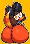 anthro big_butt butt eyewear eyewear_on_head goggles goggles_on_head looking_at_viewer male orange_body raised_tail rear_view simple_background sitting smile solo tail thick_thighs yellow_background ekkokenight rareware viva_pinata pip_pretztail canid canine fox mammal pretztail 2024 digital_drawing_(artwork) digital_media_(artwork) hi_res