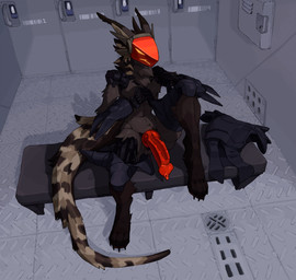 angry animal_genitalia anthro athletic big_penis brown_body cybernetic_limb cybernetics detailed_background genitals grumpy knot knotted_penis long_tail looking_at_viewer machine male nude penis prosthetic red_penis scaled_penis sitting solo spread_legs spreading tail visor kofomy protogen hi_res