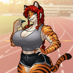 abs accessory anthro arm_tuft beads big_breasts blue_eyes bottomwear braided_pigtails breasts clothing crop_top elbow_tuft eyebrows eyelashes female fingers fur hair hair_accessory hair_beads huge_breasts inner_ear_fluff midriff muscular muscular_anthro muscular_female navel orange_body orange_fur red_hair shirt shorts shoulder_tuft solo striped_body striped_fur stripes thick_thighs topwear tuft whistle_(object) white_body white_fur wide_hips blazbaros felid mammal pantherine tiger 1:1 2025 digital_media_(artwork) hi_res