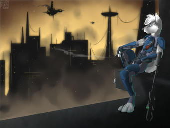 4_toes anthro armor barefoot biped black_body black_nose black_skin blue_eyes building cigarette city digitigrade feet fluffy fur future grey_body grey_fur gun hair humanoid_pointy_ears light male outside pawpads paws pointy_ears raised_arm raised_leg ranged_weapon short_hair sitting smoke solo tail toes weapon white_body white_fur white_hair milligram_smile canid canine canis mammal wolf 4:3