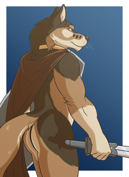 anthro black_body black_fur black_nose blue_eyes brown_body brown_fur butt cape cape_only clothing fur looking_back male melee_weapon mostly_nude multicolored_body multicolored_fur shield side_view solo sword weapon clamcrusher canid canine canis mammal wolf hi_res