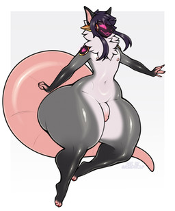anthro big_butt black_body black_ears black_fur butt colored_nails dark_body dark_fur ear_piercing femboy foreskin front_view fur genitals glistening glistening_body glistening_genitalia gold_(metal) grey_body grey_fur hair huge_butt huge_thighs humanoid_genitalia humanoid_penis hyper machine male multicolored_body multicolored_fur nails nipples penis piercing pink_ears pink_fingers pink_tail protogen_visor purple_hair screen screen_face solo tail thick_thighs white_body white_fur garedwolf eric_(garedwolf) american_opossum hybrid mammal marsupial protogen absurd_res hi_res