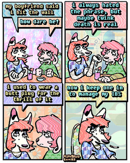 4_fingers 4_panel_comic abstract_background anthro beverage cigarette cigarette_in_mouth dialogue duo eyelashes eyeshadow female fingers fur hair humor makeup object_in_mouth pink_hair red_hair smoking text white_body white_fur rawdawgcomics rawdawgcomics_(series) babs_(rawdawgcomics) paisley_(rawdawgcomics) canid canine canis domestic_dog mammal 2025 4:5 artist_name comic digital_media_(artwork) english_text hi_res trans_(lore) trans_woman_(lore)