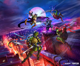 action_pose angry anthro armor belt city cloud crouching detailed_background full_moon green_body group holding_melee_weapon holding_nunchaku holding_object holding_sai_(weapon) holding_staff holding_sword holding_weapon jumping male melee_weapon moon night open_mouth outside pose sai_(weapon) staff sword text weapon lordigan hasbro magic:_the_gathering teenage_mutant_ninja_turtles wizards_of_the_coast donatello_(tmnt) leonardo_(tmnt) michelangelo_(tmnt) raphael_(tmnt) shredder_(tmnt) human mammal reptile scalie turtle absurd_res english_text hi_res official_art brother_(lore) sibling_(lore)