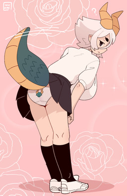 big_breasts black_eyes bottomwear breasts butt butt_focus clothed clothing confusion dull_eyes female footwear hair horn huge_breasts looking_back one_eye_obstructed presenting presenting_hindquarters presenting_underwear question_mark shadow shirt shoes short_hair shortstack showing_panties skirt socks solo standing tail text tired_eyes topwear upskirt white_hair low_res_art mythology shiloh_(low_res_art) animal_humanoid dragon dragon_humanoid horned_humanoid humanoid mythological_creature mythological_scalie scalie hi_res signature