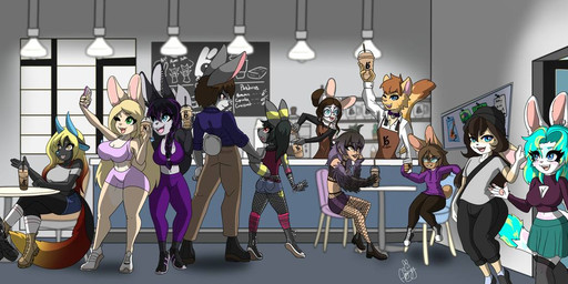 ambiguous_gender anthro athletic_wear beverage coffee coffee_shop date female female/female group male aubreysky nintendo pokemon aubrey_sky_(character) blake_sky_(character) enzo_sky_(character) paige_sky_(character) sabrina_sky_(character) eeveelution felid feline generation_2_pokemon hybrid lagomorph mammal pokemon_(species) umbreon