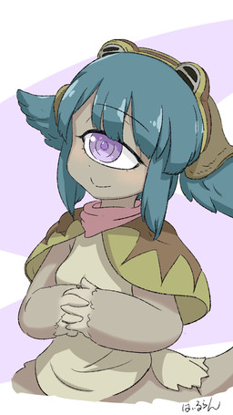 1_eye bangs blue_hair blush cape clothing female fur grey_body grey_fur hair headgear headwear interlocked_fingers purple_eyes shirt simple_background smile solo topwear hylran made_in_abyss pakkoyan cyclops humanoid narehate absurd_res hi_res