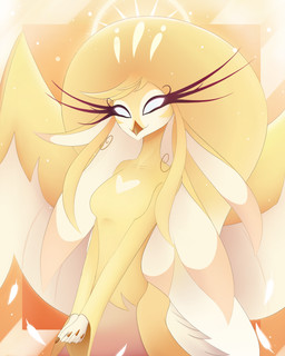 anthro beak breasts clasped_hands ears_flat eyelashes featureless_breasts female fingernails glowing glowing_eyes gold_halo heart_(marking) heart_symbol long_ears long_eyelashes looking_at_viewer markings nails nude nude_anthro nude_female sharp_fingernails sharp_nails solo spread_wings white_heart white_markings wings yellow_breasts blue-monedula hazbin_hotel hellaverse speaker_of_god_(hazbin_hotel) angel mammal 4:5 hi_res