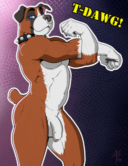 anthro balls blue_eyes collar facial_piercing flaccid foreskin genitals male nose_piercing nose_ring nude penis piercing pose ring_piercing septum_piercing solo spiked_collar spikes t-dawg! tail ashbearfox_(artist) boxer_(dog) bulldog canid canine canis domestic_dog mammal mastiff molosser hi_res pinup