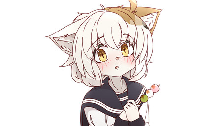amber_eyes anthro blush blush_lines clothing dango_(food) female food looking_at_viewer open_mouth school_uniform simple_background solo uniform white_background aogitsune_jitto domestic_cat felid feline felis mammal 16:9 2023 animated animated_png widescreen