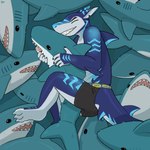 anthro bottomwear clothing cuddling detailed_background gills male notched_ear plushie shark_plushie shorts sleeping solo stripes teeth underwear hacony ikea blahaj razz_(razzshark) fish marine shark 1:1 hi_res