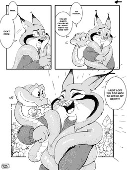 anthro clothed clothing coiling dialogue duo feral heart_symbol male male/male romantic romantic_couple smile sweater text topwear ottotopus disney zootopia gary_de'snake pawbert_lynxley canada_lynx felid feline lynx mammal pit_viper reptile scalie snake viper absurd_res comic english_text hi_res monochrome