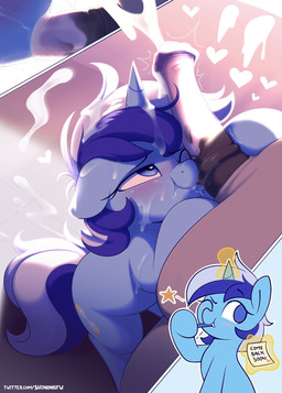 animal_genitalia animal_penis blue_body blue_eyes blue_fur blue_hair blue_horn blush bodily_fluids brown_body brown_fur brown_penis brush brushing brushing_teeth cowlick cum cum_in_hair cum_on_body cum_on_face cum_on_ground cumshot cutie_mark duo ejaculation emanata equine_genitalia equine_penis erection exclamation_point fellatio female feral fur genital_fluids genitals grey_hair hair heart_eyes heart_symbol horn light looking_at_another looking_at_genitalia looking_at_penis magic male male/female medial_ring multicolored_hair multicolored_penis note nude one_eye_closed oral penile penis pink_penis pupils sex star symbol-shaped_pupils text two_tone_hair two_tone_penis unusual_pupils wink shinodage friendship_is_magic hasbro my_little_pony mythology minuette_(mlp) equid equine mammal mythological_creature mythological_equine unicorn artist_name english_text hi_res lighting url