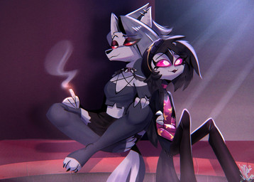 anthro cigarette duo ear_piercing ear_ring female female/female piercing ring_piercing smoking smoking_cigarette geryghosty hellaverse helluva_boss loona_(helluva_boss) octavia_(helluva_boss) avian bird canid canine canis hybrid mammal owl owl_demon wolf