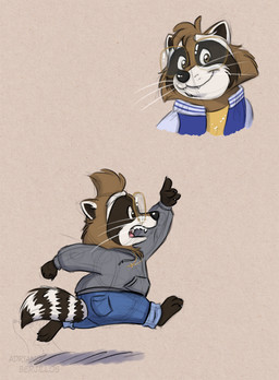 3_toes 4_fingers anthro bottomwear brown_body brown_eyes brown_fur cheek_tuft clothing cross denim denim_bottomwear denim_clothing eyebrows eyewear facial_markings facial_tuft fangs feet fingers fur glasses head_markings head_tuft hoodie jacket jeans letterman_jacket male markings mask_(marking) pants running short solo stocky striped_markings striped_tail stripes tail tail_markings teeth toes topwear tuft whiskers white_eyebrows white_muzzle adriano_berjillos mammal procyonid raccoon hi_res