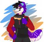 5_fingers blue_nose clothed clothing fingers fur purple_body purple_fur red_eyes simple_background smile solo citrinelle canid canine mammal 2017 digital_media_(artwork) hi_res