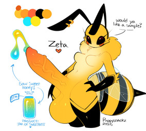 3_fingers antennae_(anatomy) antennae_piercing anthro arthropod_abdomen balls big_balls big_penis bodily_fluids breasts cheek_spots color_swatch colored_cum compound_eyes container cum dialogue directional_arrow erection featureless_breasts fingers flavored_cum food fur furgonomic_piercing furgonomics genital_fluids genitals gynomorph heart_symbol honey_(food) honey_cum huge_balls huge_penis humanoid_genitalia humanoid_penis hyper hyper_balls hyper_genitalia hyper_penis insect_wings intersex jar neck_tuft penis piercing price_tag simple_background solo speech_marker stinger text tuft unusual_bodily_fluids unusual_cum unusual_genital_fluids vein veiny_penis white_background wings yellow_body yellow_fur puppysnackz arthropod bee hymenopteran insect zeebeez_(puppysnackz) 2025 artist_name colored dated digital_media_(artwork) english_description english_text hi_res