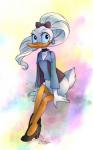 abstract_background anthro beak biped blue_eyes clothed clothing ear_piercing eyelashes female footwear hair high_heels long_hair looking_at_viewer piercing shirt shoes sitting smile solo topwear vest white_body white_hair white_skin yellow_body yellow_skin katiramoon disney disney's_house_of_mouse daisy_duck anatid anseriform avian bird duck 2013 5:8 hi_res