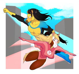 anthro bare_legs black_hair blonde_hair brown_body brown_fur building city city_background clothing cloud cosplay crossover_cosplay day duo female flying fur hair leotard male male/female mask multicolored_body multicolored_fur raised_arm smile spread_arms superhero superhero_costume tan_body tan_fur two_tone_body two_tone_fur white_body white_fur itsaorora dreamworks image_comics invincible_(image_comics) spirit:_stallion_of_the_cimarron atom_eve rain_(cimarron) spirit_(cimarron) equid equine horse mammal 2025 crossover hi_res