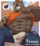 5_fingers abs anthro areola biped bodily_fluids brown_body brown_fur bulge clothed clothing construction_worker ear_piercing fingers fur male muscular muscular_anthro muscular_male nipples notched_ear pecs piercing smile solo sweat text impwitter bear mammal hi_res url