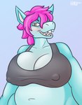 anthro belly big_belly big_breasts breasts cleavage clothed clothing fangs female green_body green_skin hair humanoid_pointy_ears looking_at_viewer midriff navel nipple_outline non-mammal_breasts open_mouth overweight overweight_anthro overweight_female pink_hair pointy_ears solo teeth tongue yellow_eyes hirurux fish marine shark 2019 absurd_res half-length_portrait hi_res portrait signature