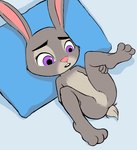 anthro featureless_chest featureless_crotch feet female flat_chested fur grey_body grey_fur legs_up looking_down lying nude null on_back open_mouth pillow purple_eyes solo spread_legs spreading tail teeth young young_anthro young_female g_reaper disney zootopia judy_hopps lagomorph leporid mammal rabbit full-length_portrait portrait unavailable_at_source