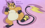 anthro bangs belly big_belly chubby_cheeks eyebrows eyewear feet glasses grin hair happy hindpaw male moobs on_one_leg overweight overweight_male parted_bangs pawpads paws pink_background pose raised_paw semi-anthro simple_background smile solo standing tail yellow_pawpads the-b3ing nintendo pokemon benji_(artienuki) generation_1_pokemon pokemon_(species) raichu 2025 colored digital_drawing_(artwork) digital_media_(artwork) hi_res