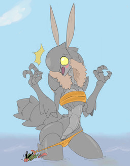 3_fingers antennae_(anatomy) anthro arthropod_abdomen bikini bikini_pull blush brown_hair butt butt_from_the_front clothing clothing_pull exoskeleton female feral fingers flat_chested genitals grey_body hair open_mouth outside partially_submerged slim solo standing_in_water surprised swimwear swimwear_pull two-piece_swimsuit vulva water wide_eyed wide_hips yellow_eyes yellow_sclera jizzus rilini_(jizzus) arthropod insect