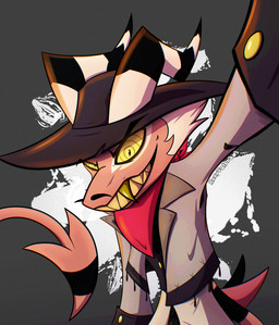 clothing cowboy cowboy_hat facial_hair glowing glowing_eyes hair hat headgear headwear horn kerchief looking_at_viewer male mustache neckerchief neckwear ringed_eyes smile smiling_at_viewer solo spade_tail tail white_hair yellow_eyes roxyvaldraws hellaverse helluva_boss striker_(helluva_boss) demon humanoid imp hi_res